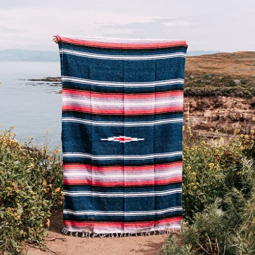 Open Road Goods Mexican Diamond Blanket - XL Heavyweight Yoga Blanket – Handmade in Mexico - Thick Boho Serape Saltillo Style Throw for Beach, Picnic, Home, Camping and More! (Aegean Blue & Pink) - color: Aegean Blue & Pink