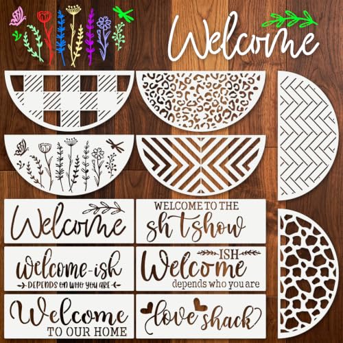 Welcome Stencils for Crafts Reusable 12Pcs Stencils(Length 11.7 Inch) | DIY Art Painting Stencil Furniture Decor Kit for Wood Embroidery Wall Silk Screen Journaling - color: Welcome