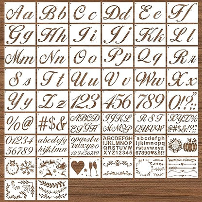 BAMIDELE Letter Stencils for Painting on Wood, 50 Pcs Calligraphy Alphabet Drawing Templates with Numbers, Signs, Flowers, Reusable Cursive Plastic Art Craft Stencils - style: Calligraphy Letter Stencils