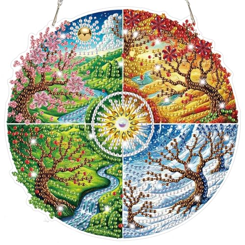 Bowetile Four Seasons Diamond Art Hanging Kits for Adults, Diamond Art Suncatchers Landscape, 5D Special Shape Diamond Painting Pendant Window Ornament Gifts for Home Wall Decor - color: Four Seasons
