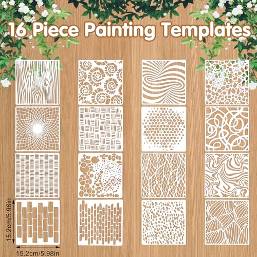 16Pcs Stencils for Painting on Wood, 6"x6" Stencils for Crafts Reusable, Textured Art Supplies for Burlap Art, Canvas, Brick, Mixed Media Projects - size: 2.0