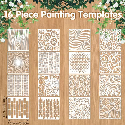 16Pcs Stencils for Painting on Wood, 6"x6" Stencils for Crafts Reusable, Textured Art Supplies for Burlap Art, Canvas, Brick, Mixed Media Projects - size: 2.0