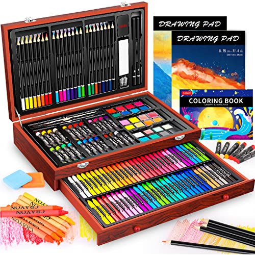 Caliart Art Supplies Kit, 153-Pack Deluxe Drawing Art Set Painting Coloring | 2 A4 Sketch Pads, Coloring Book, Colored Pencils, Crayons, Crafts Gifts for Artists Teen Girls Boys Kids Adults - color: Cherry