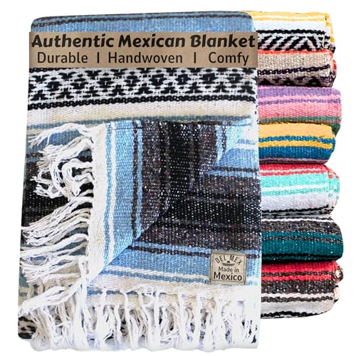 Del Mex Classic Mexican Blanket, Large Authentic Woven Falsa Throw (70"x50"), Artisan Southwest Décor for Beach, Yoga, Outdoors (Light Blue) - color: Light Blue
