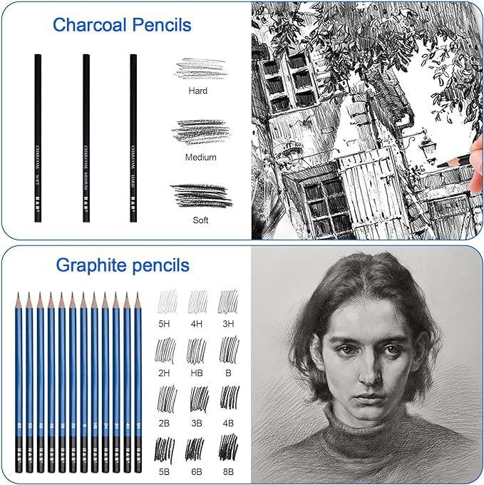 H & B 50PCS Drawing Sketch Pencils Art Supplies Kit with A5 Sketchbook | Pro Graphite, Charcoal Pencils & Pastel Kit, Travel Art Case Set, Ideal Drawing Set for Artists, Beginners and Adults