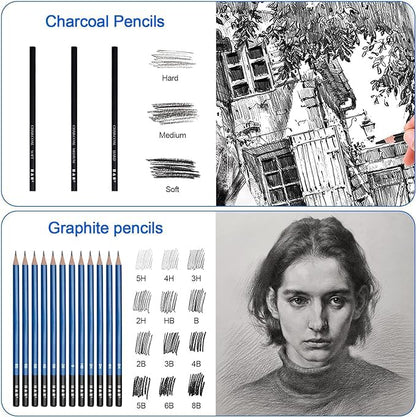 H & B 50PCS Drawing Sketch Pencils Art Supplies Kit with A5 Sketchbook | Pro Graphite, Charcoal Pencils & Pastel Kit, Travel Art Case Set, Ideal Drawing Set for Artists, Beginners and Adults