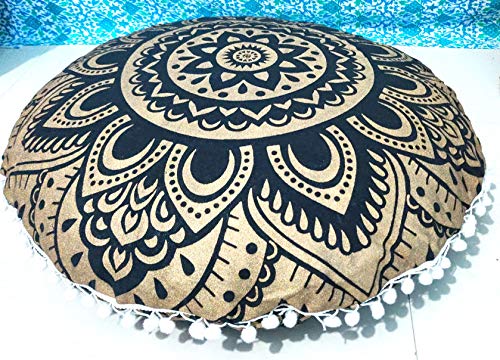 24" Black Gold Flower Mandala Barmeri Large Floor Pillow Cover Cushion Meditation Seating Ottoman Throw Cover Hippie Decorative Zipped Bohemian Pouf Ottoman Pom Pom Cases 24 " round - color: Black Gold, style: 24 Inch Round