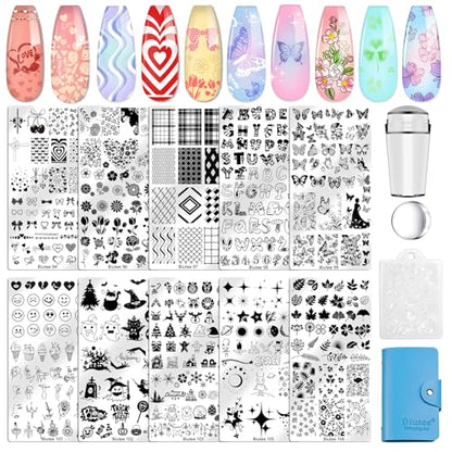 Biutee 10 PCS Nail Art Stamping Plates Set Nail Stamping Kit | Nail Stamp Plate Butterfly Starry Sky Flower Bowknot Design Nail Stamper Kit with Nail Stamper Scraper and Storage Bag - color: 14 Piece Set