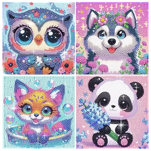 PERFECTSIGHT Cute 5D Diamond Art Kits, Kawaii DIY Painting Art for Adults Teen, 4 Pack Diamond Arts and Crafts Sets, Big Gem Full Drill Diamond Dots for Women (Owl+Husky+Fox+Panda) - style: Owl+Husky+Fox+Panda