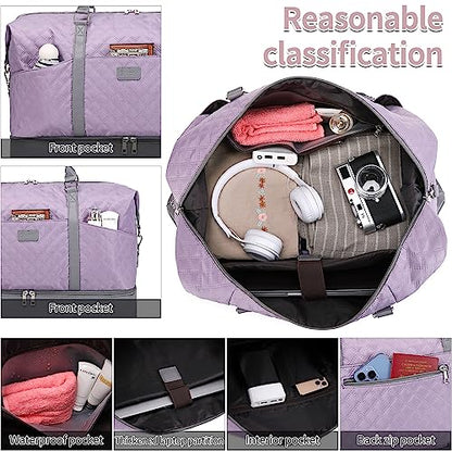 Weekender Bag, Large Travel Duffel Bag for Women, Carry on Overnight Bag with Shoe Compartment and Toiletry Bags - color: A-Purple