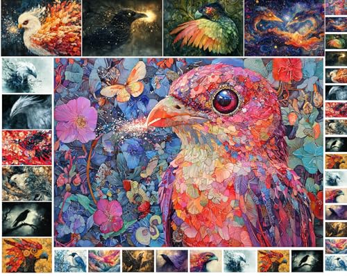 Decoupage Paper Pack (35 Sheets 6"x8") Mythic Bird Visions ~ Surreal Bird Portraits in Vivid, Dreamlike Color palettes Blending Cosmic Themes, Mosaic Feathers, and Mythical Animal hybrids - color: Six