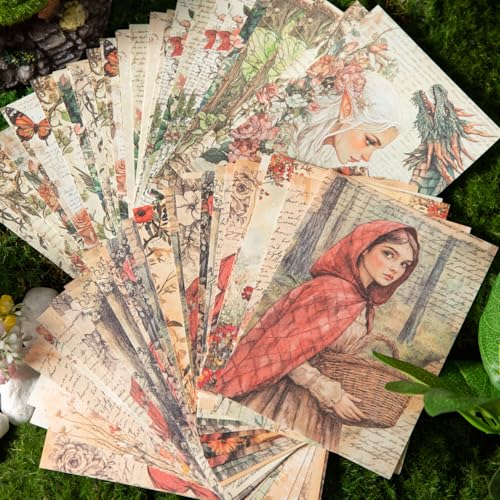 Vintage Fairy Tale Decoupage Scrapbook Paper Set – 180 Sheets Fantasy Cryptid Witch, Mermaid, Princess Journal Craft Paper Ephemera Pack for Collage, Junk Journal, Art Projects - color: Vintage FairyTale