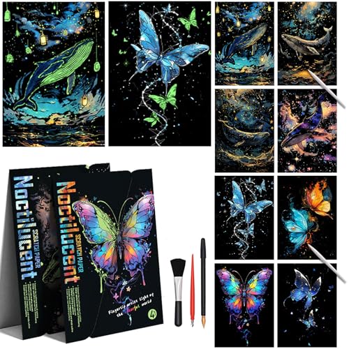 Scratch Paper Art for Adults Crafts, Glow in the Dark, A4/8 Sheets | Luminous Rainbow Scratchboard Art Kit, Calming Craft Activity for Adults Teens, Anxiety Relief Hobby, Creative Gift - style: Butterflies and Blue Whales