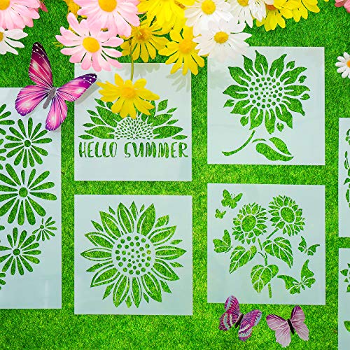 Tenare 9 Pieces Reusable Painting Stencil Plastic Paint Stencils Summer Pattern Drawing Templates Reusable Craft for Painting(Sunflowers) - style: Sunflowers