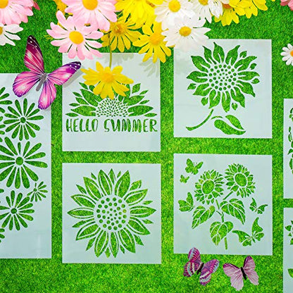 Tenare 9 Pieces Reusable Painting Stencil Plastic Paint Stencils Summer Pattern Drawing Templates Reusable Craft for Painting(Sunflowers) - style: Sunflowers