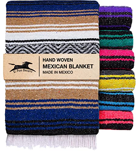 El Paso Designs Mexican Yoga Blanket – Colorful Falsa Serape Throw for Yoga, Beach, Picnic, Saddle, or Home Décor – Soft Woven Boho Blanket (Blue and Tan) - color: Blue and Tan