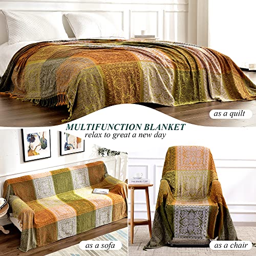 Boho Throw Blanket, Bohemian Tassels Throw Blankets for Bed Couch Soft Chair， Chenille Fringe Tassels (New Green, Large 86 * 102Inches) - color: New Green, size: Large (86 x 102 in)