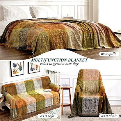 Boho Throw Blanket, Bohemian Tassels Throw Blankets for Bed Couch Soft Chair， Chenille Fringe Tassels (New Green, Large 86 * 102Inches) - color: New Green, size: Large (86 x 102 in)