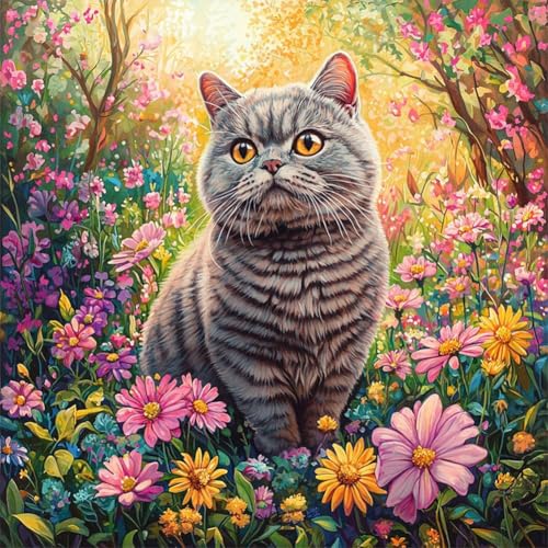 WSLWXSHM Diamond Painting Kits for Adults Cat, Round Full Drill Diamond Art Kits, 5D DIY Paint with Diamonds Crafts for Home Wall Decoration Gifts 12×12Inch, Animal - color: Cat Flower