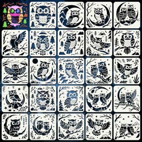 Owl Stencils for Crafts Reusable 24Pcs Animal Stencils(5.9X5.9 Inch) | DIY Art Painting Stencil Furniture Decor Kit for Wood Embroidery Wall Silk Screen Journaling - color: Owl 2