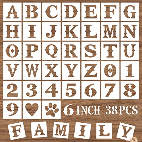 6 Inch Letter Stencils and Numbers, 38 Pcs Alphabet DIY Craft Stencils, Reusable Plastic Drawing Templates for Painting on Wood, Wall, Fabric, Rock, Floor, Signage, Door Porch - size: 6 Inch