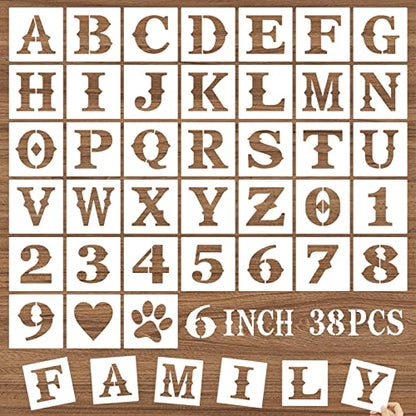 6 Inch Letter Stencils and Numbers, 38 Pcs Alphabet DIY Craft Stencils, Reusable Plastic Drawing Templates for Painting on Wood, Wall, Fabric, Rock, Floor, Signage, Door Porch - size: 6 Inch