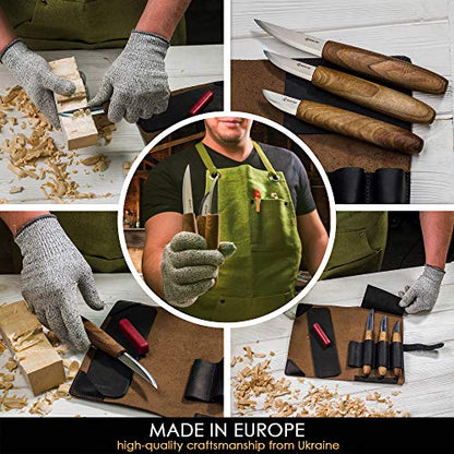 BeaverCraft Deluxe Wood Carving Kit with 3pcs High‑Carbon Steel Sloyd Knives S19x – Whittling Knife Set with Walnut Handles, Leather Tool Roll & Leather Strop, Polishing Compound – Wood Carving Tools