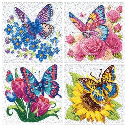 PERFECTSIGHT Cute 5D Diamond Art Kits, Kawaii DIY Painting Art for Adults Teen, 4 Pack Diamond Arts and Crafts Sets, Big Gem Full Drill Diamond Dots for Women (Multicolor Butterfly) - style: Multicolor Butterfly
