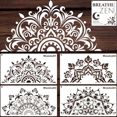 YKW 5 Pack Mandala Stencils for Painting, Large Half Mandala & Breathe Zen Templates - Reusable PET Stencils for Wall, Wood, Fabric & Rock - DIY Craft Stencil for Home Decor Art - style: Mandadl-5