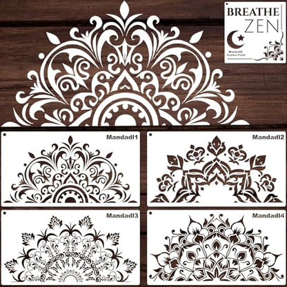 YKW 5 Pack Mandala Stencils for Painting, Large Half Mandala & Breathe Zen Templates - Reusable PET Stencils for Wall, Wood, Fabric & Rock - DIY Craft Stencil for Home Decor Art - style: Mandadl-5