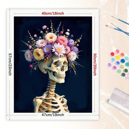Skeleton Paint by Numbers Kit for Adults - DIY Skeleton with Floral Crown Painting on Canvas 16x20 inches, Frameless Acrylic Paint Set, Suitable for Beginners, Art for Home Decoration or Gifts