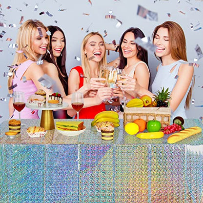 4 Pack Iridescent Plastic Tablecloths Shiny Disposable Laser Rectangle Table Covers Holographic Foil Tablecloth Iridescent Party Decoration Birthday Bridal Wedding Christmas 54"x108"(Silver) - color: Silver