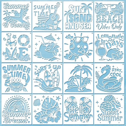 Konsait 16 Pack Summer Stencils, 6" Reusable Hello Summer Palm Tree Sun Tropical Animals Beach Stencils for Painting, DIY Crafts, Wall, Wood, Shirts, Canvas and More