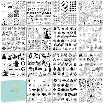 Biutee Nail Stamping Plate 15 PCS Nail Stamping Kit with Nail Stamper | Nail Art Stamping Plate with Scraper & Storage Bag, Nail Stamper Kit Star Bowknot Love Butterfly Leaf Design for DIY Nail Art - color: 19 Piece Set