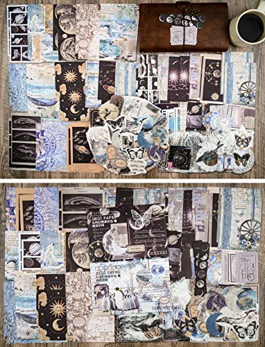 Knaid 200 Piece Vintage Ephemera Bundle - Paper & Sticker Kit for Junk Journaling, Scrapbooking, Planners, Bullet Journals, Collage, Decoupage - Black/Blue Tones - style: Black & Blue