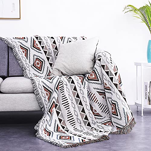 Luxlovery Beige Bohemian Sofa Throw Blankets Ethnic Woven Boho Geometric White and Khaki Throw Blanket for Couch Aztec Bed Throws Oversized Chair Sofa Cover with Tassels(63"x102") - color: Mocha, size: 63"x102",160x260cm