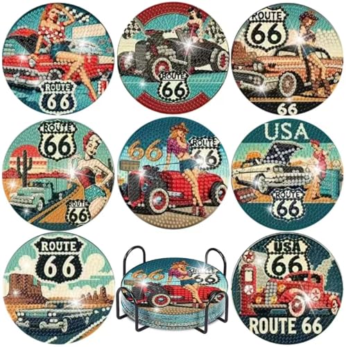 Mrnsiet 8 Pcs Car Diamond Art Coasters Kits for Adults, Highway Landscape Diamond Painting Coaster with Holder, Non Slip Hardwood Bases Coaster Set Gift for Beginners 4x4 Inch - color: BDWY195
