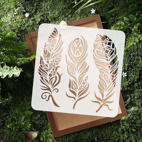 2 Pack Feathers Mandala Stencils for Painting Reusable Plastic Feather Stencil for Painting on Wall Wood Furniture Fabric Canvas, DIY Craft Stencil - style: Feathers