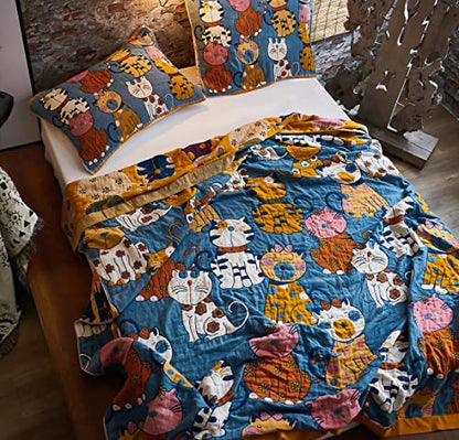 MEJU Kitty Cat Kids Child Girls Muslin Blanket Throw Reversible Cover for Bed Sofa Couch, 100% Combed Cotton 4 Layer Soft Warm Cartoon Throw Blanket Bed Cover Quilt Sheet Cats Blue F/Q 80 in x 90 in - color: Cats Blue, size: F/Q 80 in x 90 in