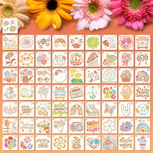 Hippy Stencils for Painting, 64 Pcs 3 Inch for Cards Rocks Crafts | Reusable & Easy to Clean, Retro Boho Icons, Gift Tags, Journals, Scrapbooks, Beginner Friendly - color: Hippy
