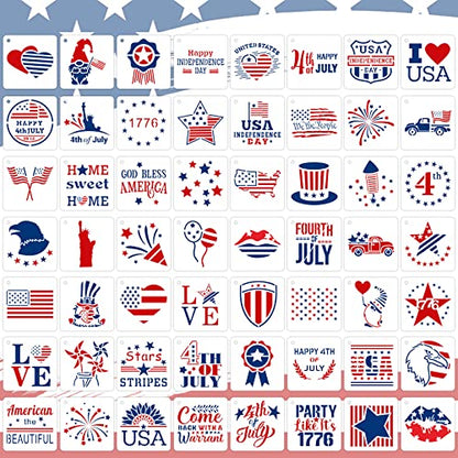 Augshy 56 Pack 4th of July Patriotic Stencils for Americana Painting Crafts | Plastic, Reusable Patriotic Face Paint Rock Drawing Scrapbooking, Wall Floor Decor Art, 3 Inch - style: Patriotic