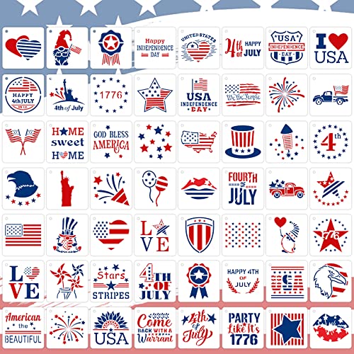 Augshy 56 Pack 4th of July Patriotic Stencils for Americana Painting Crafts | Plastic, Reusable Patriotic Face Paint Rock Drawing Scrapbooking, Wall Floor Decor Art, 3 Inch - style: Patriotic