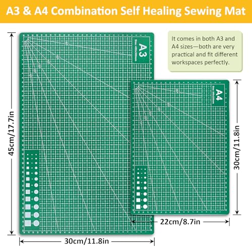 2 Pcs Large Cutting Mat Self Healing,Double Sided,Grid Line And Angles Help To Cut Precisely,Craft Mats for Scrapbooking, Quilting, Sewing and All Arts,Non Slip & Easy Clean ((A3 & A4 Green) - color: Green