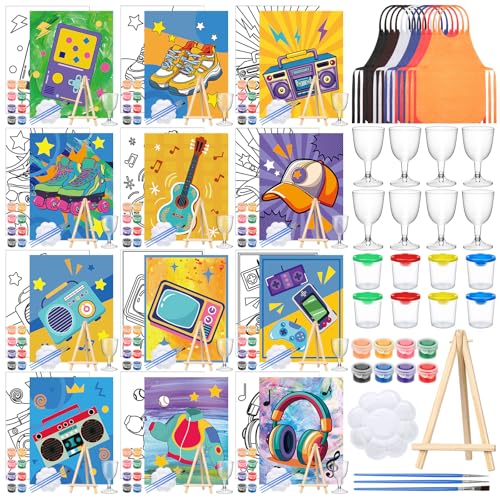Sherr 96 Pcs 12 Sets Pre Drawn Canvas Kit for Painting Craft Sip and Paint Kit for Adults Pre Printed Canvas Painting Favor for DIY Birthday Gifts Adult's Date Party, 8 x 10 Inches(Retro) - style: Retro
