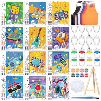 Sherr 96 Pcs 12 Sets Pre Drawn Canvas Kit for Painting Craft Sip and Paint Kit for Adults Pre Printed Canvas Painting Favor for DIY Birthday Gifts Adult's Date Party, 8 x 10 Inches(Retro) - style: Retro
