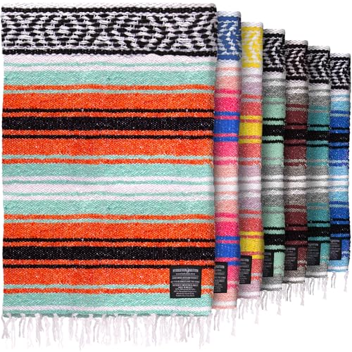 Hydration Nation Authentic Extra Large Mexican Blanket (70"x50") - Handwoven Yoga, Serape- Artisanal Falsa, Beach, Camping, Picnic, Outdoor (Mint-Orange) - color: Mint Orange