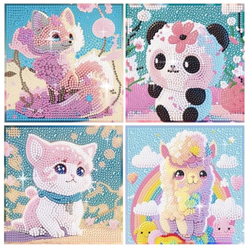 PERFECTSIGHT Cute 5D Diamond Art Kits, Kawaii DIY Painting Art for Adults Teen, 4 Pack Diamond Arts and Crafts Sets, Big Gem Full Drill Diamond Dots for Women (Panda+Kitty+Alpaca+Fox) - style: Panda+Kitty+Alpaca+Fox