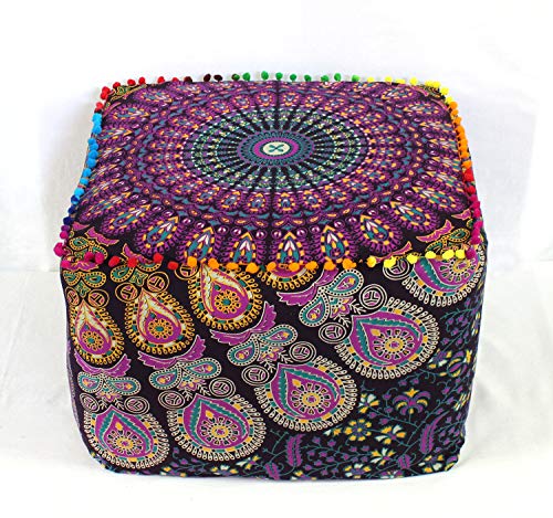 CRAFT KALA Mandala Meditation Floor Pillows Square Pillow Cover Seating Hippie Decorative Adults Bohemian Cushion Cover Outdoor Living Room Throw Ottoman Poufs Cover 18X18X14 inches,Pink Yellow Mirchi - color: Pink Yellow Mirchi