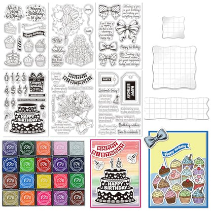 6 Pcs Clear Stamps for Birthday Card Making Supplies 20 Ink Pad | 3 Acrylic Stamp Block, Silicone Stamp with Birthday Word Candle Banner Cake Stamps for Crafting DIY Scrapbooking Journal - style: 29Pcs Celebrate Clear Stamps