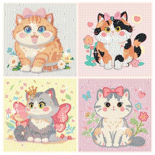 FlyingMage 5D Diamond Art Kits for Adults, Kawaii DIY Painting Art for Women, 4 Pack Cute Diamond Arts and Crafts Sets, Diamond Art Mosaic Kits,Big Gem Full Drill Diamond Dots, Cat - color: Multicolor Cute Cat